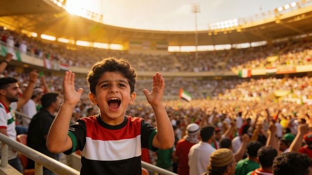 Young boy cheering passionately in packed stadium during golden-hour soccer celebration