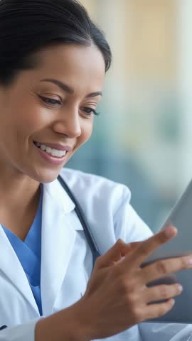 Vertical video female doctor smiling while reviewing tablet results in modern clinic