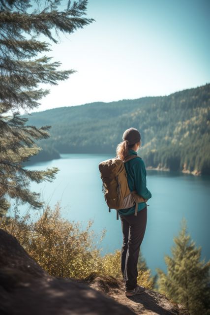 Woman wearing a backpack and standing on a cliffside, overlooking a serene mountain lake surrounded by dense forest. Useful for themes of travel, adventure, exploration, and nature appreciation.