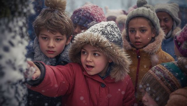 Children playing in snowy park amidst falling snowflakes