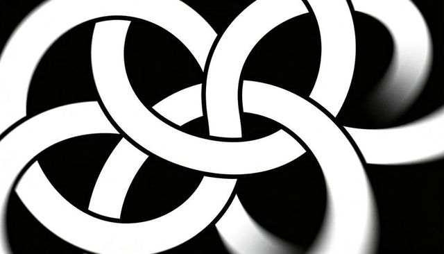 Forming interlocking white rings creating 3d knot on black background
