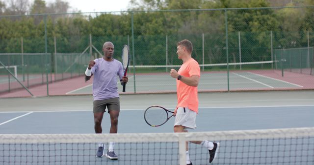 Two men celebrating tennis game on court - Download Free Stock Images Pikwizard.com