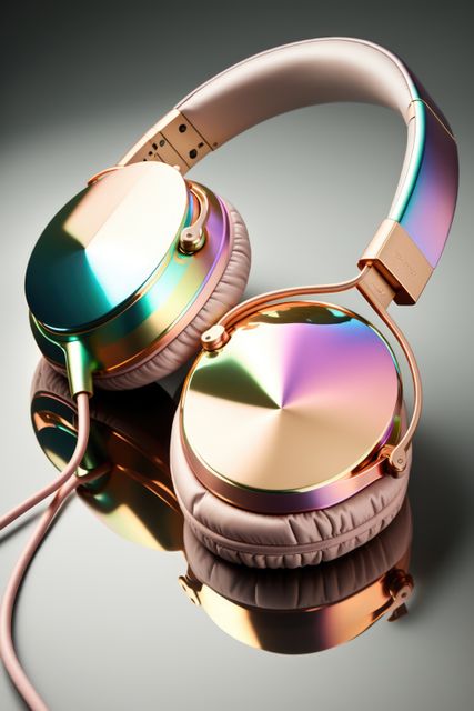 Close up of colorful headphones with wire on grey background created using generative ai technology. Technology and music concept digitally generated image.