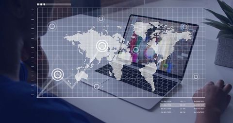 Team Collaborating on Laptop with World Map Data Overlay for Global Analytics and Visualization