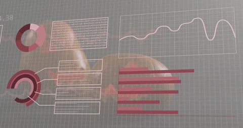Showing futuristic translucent hud analytics dashboard with pink charts and grid interface