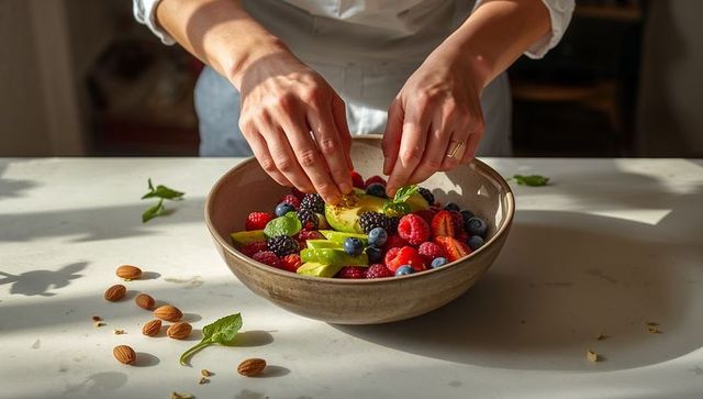 Cook arranging vibrant mixed fruit bowl with berries, kiwi and almonds on sunlit counter