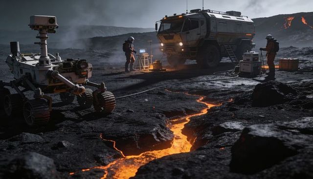 Surveying rover and hazard-suited crew sampling lava on volcanic plain at twilight