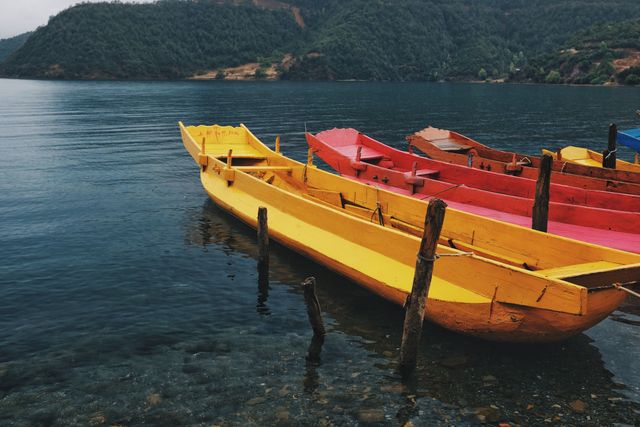 Colorful wooden rowing boats anchored on a calm lake with lush green mountains in the background. Ideal for travel and adventure themes, nature tourism promotions, outdoor activity advertisements, and scenic landscapes. It captures tranquility and natural beauty, perfect for use in brochures, websites, social media posts, and travel blogs.