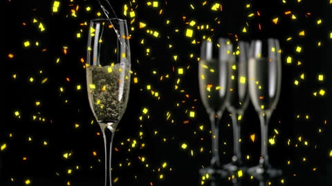Champagne Pouring into Flutes with Festive Confetti Backdrop
