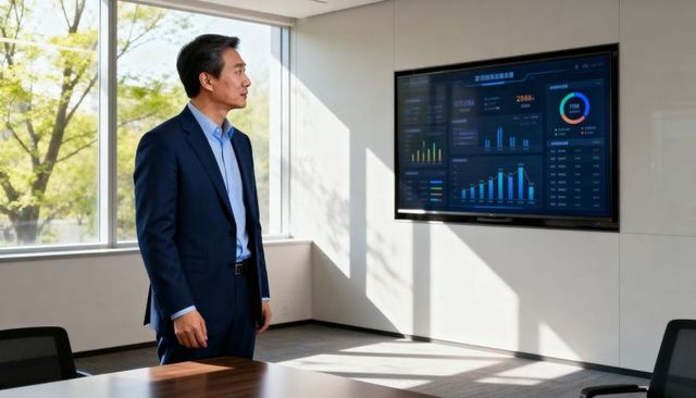 Asian executive studying business dashboards on wall monitor in sunlit boardroom