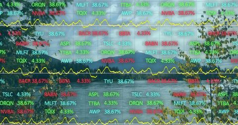 Stock Market Data Superimposed on Serene Mountain Landscape