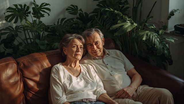 Senior couple relaxing on brown leather sofa surrounded by lush indoor plants, warm light