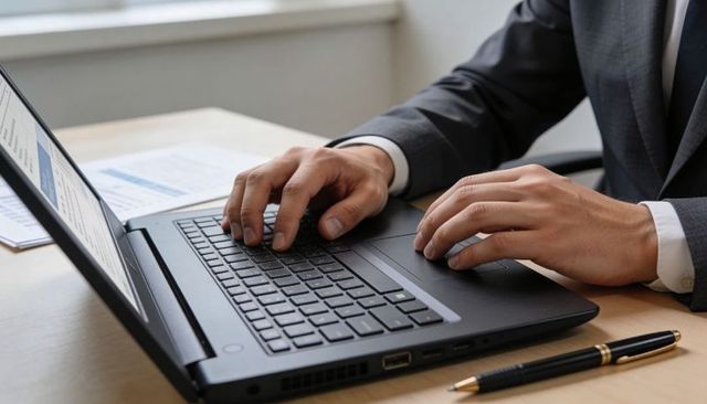 Businessman Typing on Laptop Hands Closeup at Desk with Documents and Pen