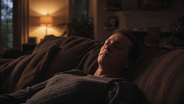Woman resting on sofa at night, warm lamp glow creating cozy living room atmosphere