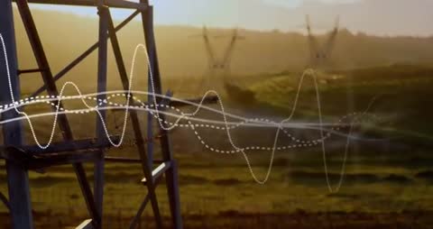 Sunlight rising with animated waveform sweeping across power transmission towers at golden hour