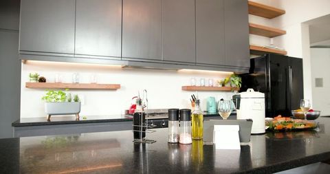 Modern Kitchen Countertop with Culinary Essentials and Storage