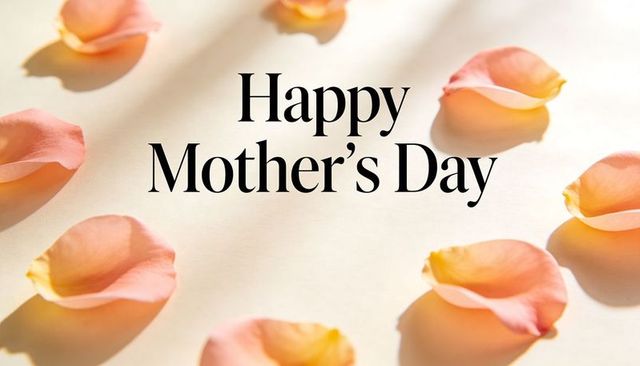 Happy mother's day card with peach rose petals, soft shadows and elegant serif typography on cream