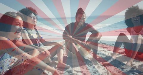 Joyful Friends Relaxing on Sandy Beach Under Sunny Sky