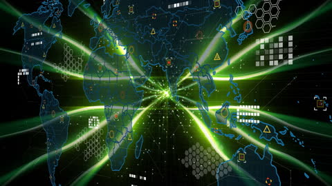 Futuristic World Map with Digital Data Streams and Icons