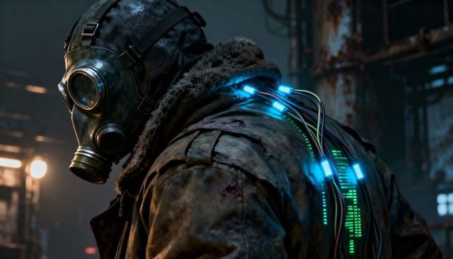 Post-Apocalyptic Survivor Wearing Gas Mask and Glowing Cyber Cables in Abandoned Factory