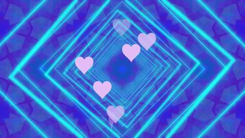 Neon Hearts and Geometric Tunnel on Blue Background