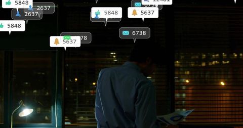 Overnight professional reviewing reports under lamp with notification bubbles and skyline