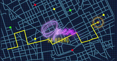 Neon Open Sign on GPS Navigation Map Background