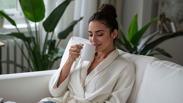 Relaxing woman in cream robe sipping coffee on sunlit minimalist sofa