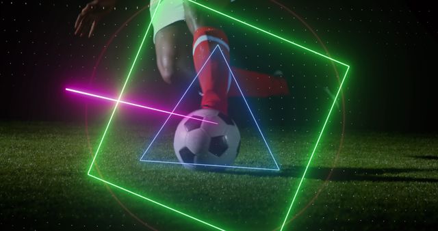 This image visually combines a soccer scene with modern digital art, showcasing a player kicking a ball with glowing neon geometric shapes. Suitable for marketing sports events, technology-related sportswear, or creative campaigns wanting to merge sports and digital aesthetics.