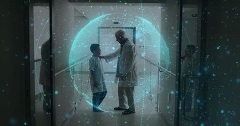 Futuristic Healthcare: Doctor Comforting Patient with Digital Hologram