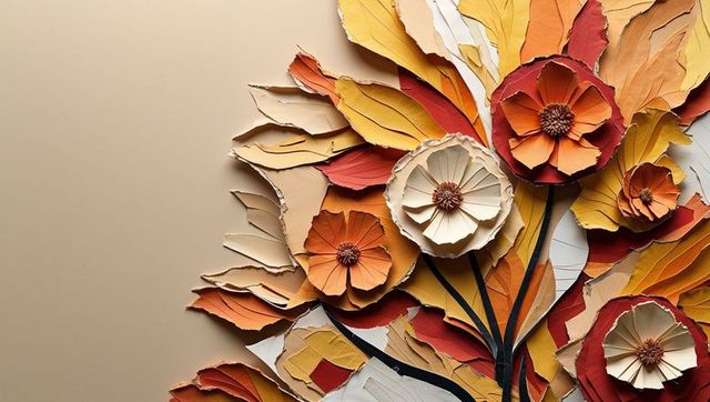 Ai-generated autumn floral paper collage on neutral background