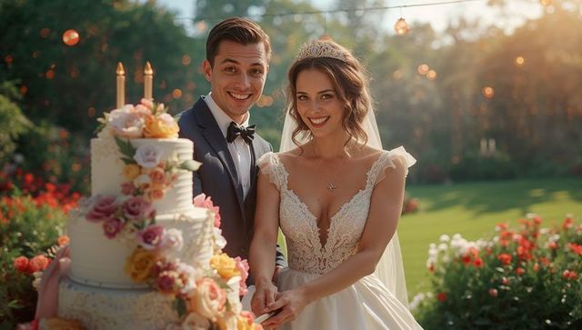 Bride and groom cutting wedding cake in lush sunlit garden