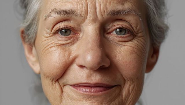 Smiling senior woman showing detailed facial wrinkles and silver hair close-up portrait