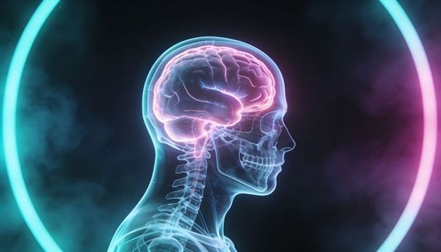 Neon glowing brain inside transparent skull revealing cervical spine with futuristic rings