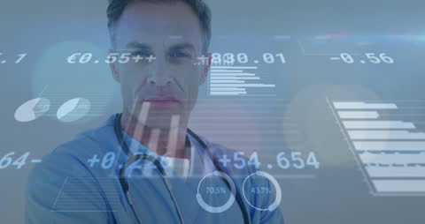 Doctor Analyzing Financial Data with Technology Interface