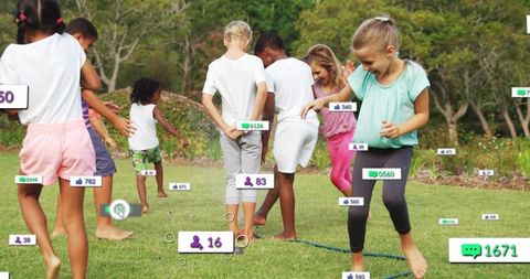 Kids playing on lawn with sprinkler and social media metric overlays showing engagement