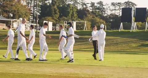 Cricket Players Celebrating Sportsmanship with Handshakes on Pitch