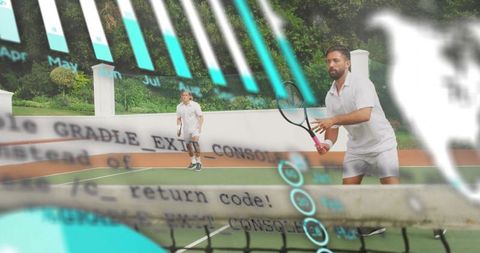 Men playing tennis on clay court with data analytics overlay