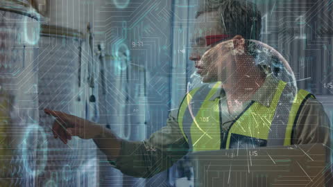 Futuristic Technology in Industry: Worker Interacting with Digital Data Interface