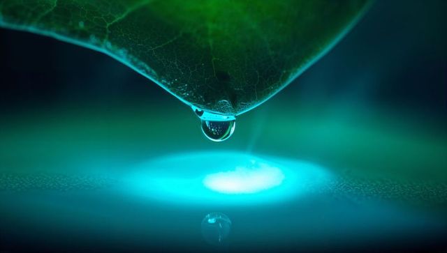 Macro leaf tip with luminous droplet over reflective surface