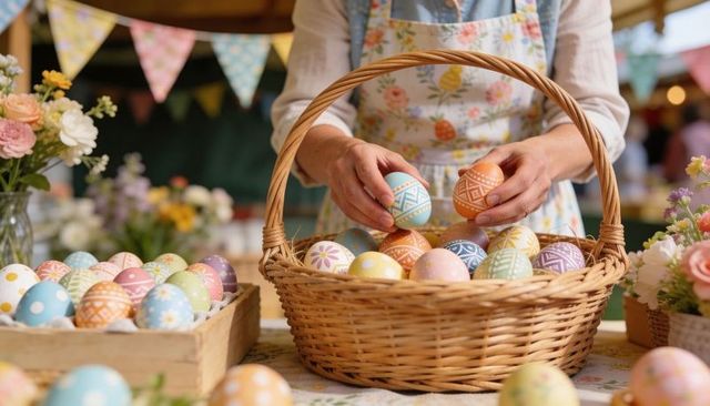 Vendor arranging pastel Easter eggs in wicker basket at outdoor market stall