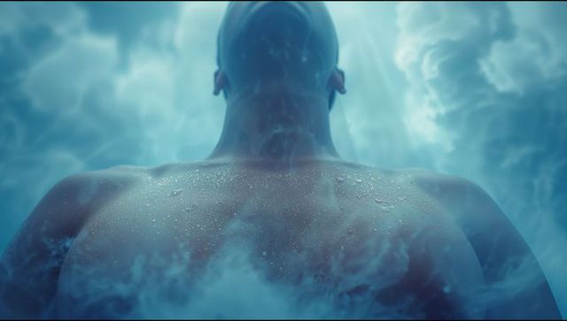 Shirtless man in mist with ethereal blue swirls