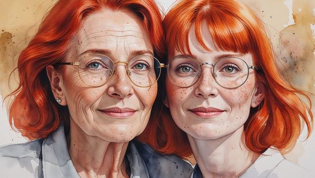 Charming redheaded mother and daughter wearing round glasses