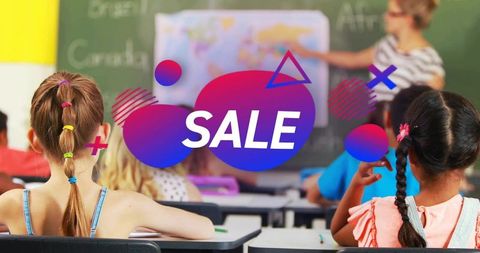 Back-to-school sale overlay in classroom showing teacher pointing at world map and students
