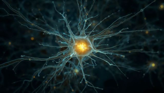 Futuristic neural network neuron with glowing synapses