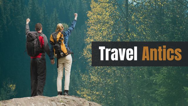 Perfect for articles, blogs, or marketing materials related to travel, outdoor activities, adventure tourism, and nature. Depicts a scene of an adventurous couple enjoying a hike in a scenic forest, ideal for showcasing the excitement of exploring the outdoors in tandem with a partner.