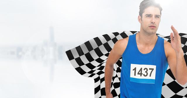 Man in blue tank top and race bib number 1437, sprinting against an urban skyline with a bright flare. A checkered flag signifies a racing context, perfect for promoting sporting events, marathons, athletic competitions, and motivational fitness content.