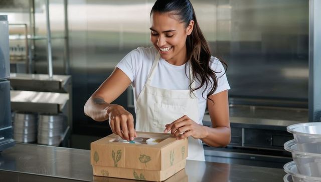 Smiling bakery worker packing cupcakes into eco-friendly leaf-print box on stainless counter