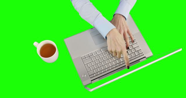 Businesswoman Using Laptop With Coffee On Bright Green Background - Download Free Stock Images Pikwizard.com