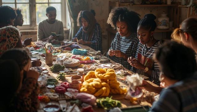 Community craft workshop black women knitting, crocheting and beading rustic studio table